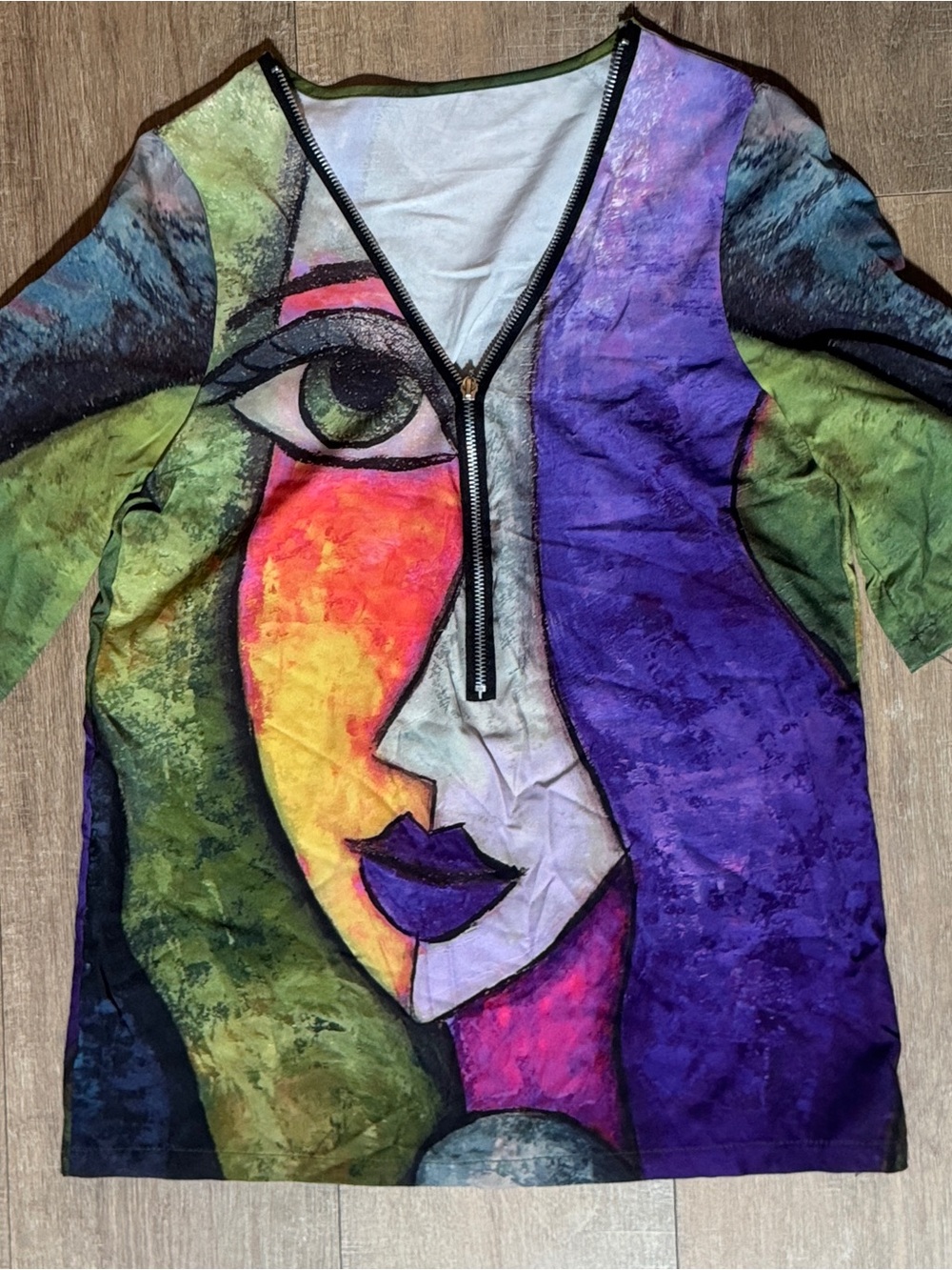 Abstract Multicolor Art Nouveau V-Neck Zip Front Women’s Top
